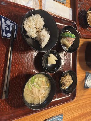 Main - rice with seaweed and sesame, fried tofu, Japanese pickles, pickled radish, miso soup   at Saien - Breakfast by Buddhist Monks in Hakone