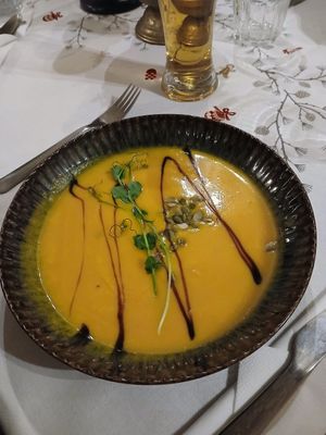 Pumpkin soup at Piwnica pod Kominkiem in Krakow