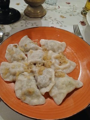Vegan cabbage and mushroom pierogi at Piwnica pod Kominkiem in Krakow