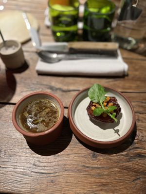 Amuse bouche - onion soup and onion tatin  at Bloempot in Lille