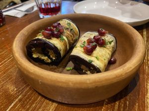 Aubergine walnut rolls  at Aba-Ra! in East London