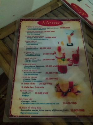 Drink menu  at Vi Dieu in Phan Thiet