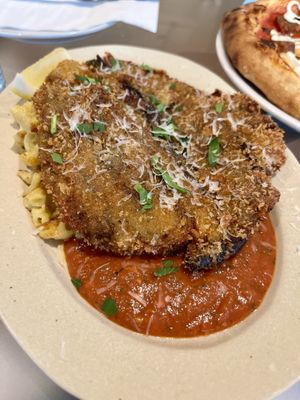 Eggplant schnitzel. It has tomato sauce under & hidden mac & cheese on the bottom   at Weirdough - 위어도우 in Seoul