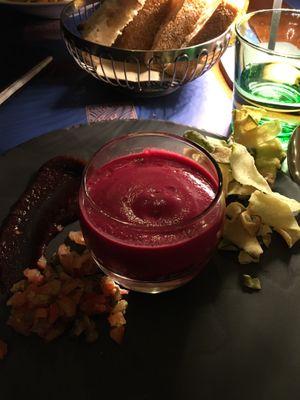Beetroot Tartare with zucchini chips and tomato salsa (4200 Ft) Extra sourdough bread (1200 Ft)  at Strudel House Budapest - Első Pesti Rétesház in Budapest