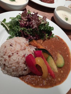 The curry dinner set (drink not pictured) at Vegan Eat Tokyo in Tokyo