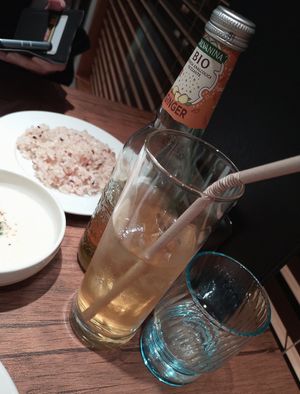 Organic ginger ale with a paper straw at Vegan Eat Tokyo in Tokyo