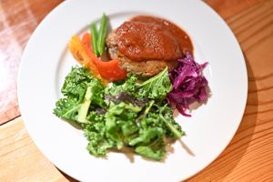 Lotus root hamburger steak at Vegan Eat Tokyo in Tokyo