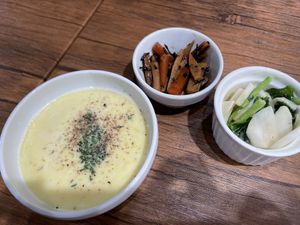 Corn soup and some steamed vegetables   at Vegan Eat Tokyo in Tokyo