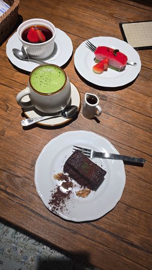Dessert & soy matcha (all gluten-free as well) at Vegan Eat Tokyo in Tokyo