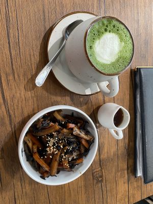 Matcha latte+ stir fried lotus root   at Vegan Eat Tokyo in Tokyo