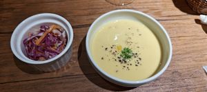 side dish and soup of the day. Coleslaw/Corn soup at Vegan Eat Tokyo in Tokyo