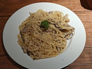 Pasta with mushroom and cashew nuts at Vegan Eat Tokyo in Tokyo