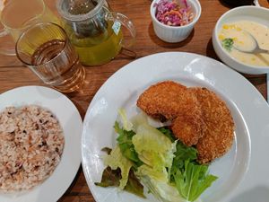 My meal set: "pork cutlets", rice, corn soup and a small salad. Drinks were water and hot green tea. at Vegan Eat Tokyo in Tokyo