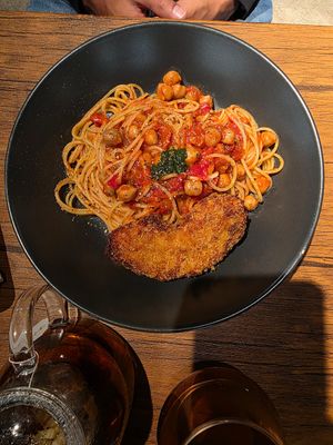 Chickpea pasta with vegan cutlet at Vegan Eat Tokyo in Tokyo