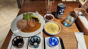 Japanese mom curry dinner set with aooni ipa and sake tasting at Vegan Eat Tokyo in Tokyo