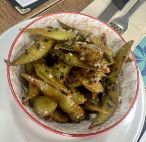 Free starter - spicy edamame 🤤  at Kapivar in Colmenar Viejo