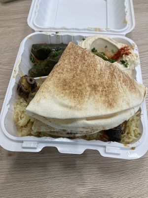 Mushroom skewer plate with hummus grape leaves and garlic sauce - you choose your two cold appetizers and either garlic or tahini sauce   at Wow Kabab in Rancho Cucamonga