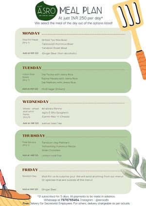 Weekly menu at Asro Food Labs in Porvorim