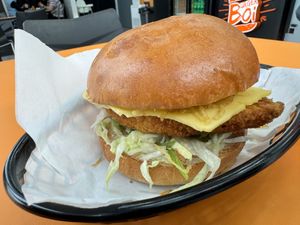 Vegan. Southern fried vegan chicken from the curious vegan bois with vegan mayo, shredded lettuce, vegan cheese & crispy fried potato.  at Burger Boi in Gloucester