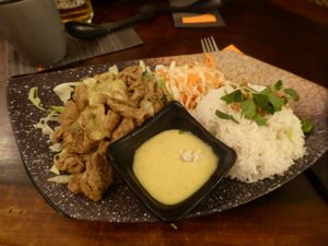 Rice with vegan protein at Pho Diem Xuan in Brussels