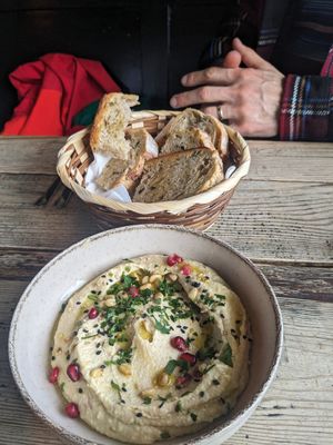 Houmous and sourdough at The Kitchen @ Brixton Yoga in Leamington Spa