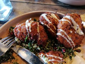 Harissa pumpkin fritters at The Kitchen @ Brixton Yoga in Leamington Spa