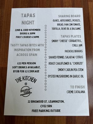 This weekend’s supper club menu- looks fabulous !  at The Kitchen @ Brixton Yoga in Leamington Spa