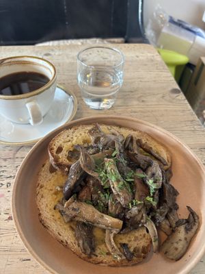 Oyster Mushrooms on sourdough toast - fab  at The Kitchen @ Brixton Yoga in Leamington Spa