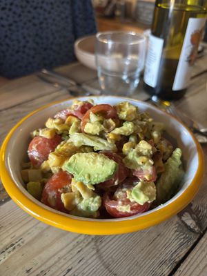 CHARRED CORN SALAD WITH TOMATOES & AVOCADO  at The Kitchen @ Brixton Yoga in Leamington Spa