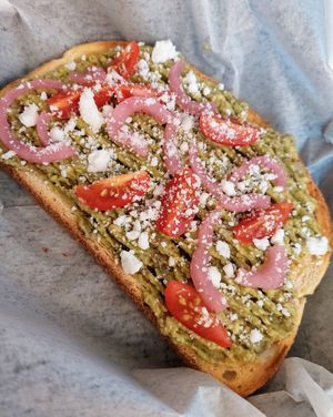 Avocado toast with feta & pickled onions at Clean Plates Café & Juice bar  in Reading