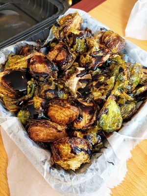 Huge portions of brussels sprouts with maple balsamic drizzle at Clean Plates Café & Juice bar  in Reading