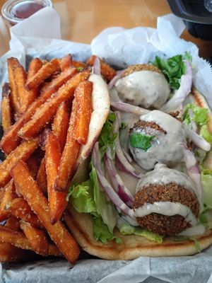 Falafel Pita & Sweet Potato Fries at Clean Plates Café & Juice bar  in Reading