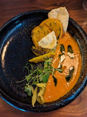 Tomato soup dish at Agni in Columbus