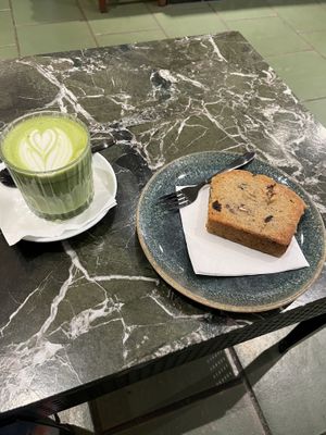Matcha and toasted banana bread   at Man Versus Machine Coffee Roasters  in Munich