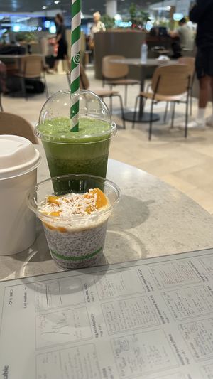 Soy latte, mango tea pudding, green machine smoothie  at BNE - Seeds by Bruno Loubet   in Brisbane Airport