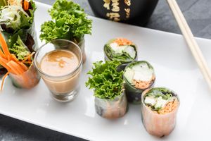 Vegan Fresh Rolls - Fresh tapioca rolls stuffed with cucumber, carrot, lettuce, spring greens, avocado, tofu, fresh basil, bean sprouts and mint leaf, with a spicy sambal satay dipping sauce. at SukhoThai - Uptown  in New Orleans