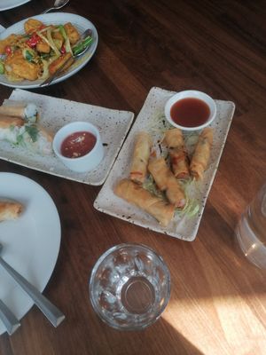 Vegan spring rolls, served warm, Summer rolls with tofu, stir fry with tofu ginger & lemongrass at Viet Chefs in North London