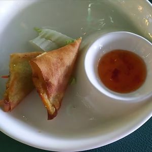 CURRY TRIGON: Triangolini di verdure al curry, untissimi, però molto buoni. La salsina di accompagnamento non sa di niente, sebbene dovrebbe essere piccante. Meglio il wasabi . at Kiyomi in Monza