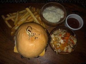 Vegan burger with fries, vegan aoili, side salad at Ambassador In Paradise Resort in Boracay