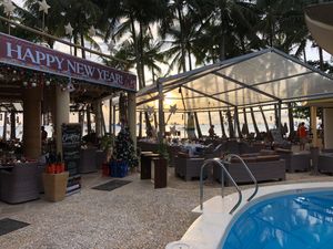 the view towards the restaurant as you enter from the hotel at Ambassador In Paradise Resort in Boracay
