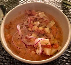 Vegetable ceviche starter at Finch Bay Galapagos Hotel in Puerto Ayora