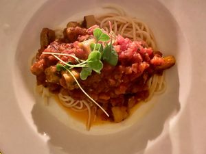 Aubergine and tomato pasta  at Finch Bay Galapagos Hotel in Puerto Ayora
