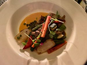Vegetable coconut stew (rice and plantain chips out of view!) at Finch Bay Galapagos Hotel in Puerto Ayora