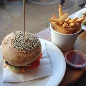 Tofu burger (veganised) with chips at The Bottle of Milk in Lorne
