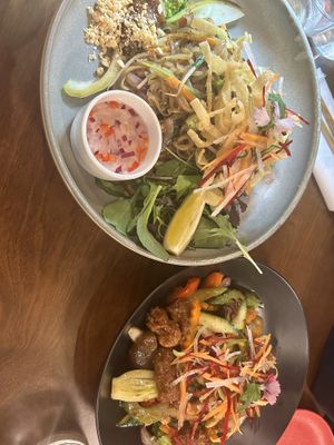 Tempeh pad thai and crispy chicken and ricee  at Khu Khu CBD in Auckland