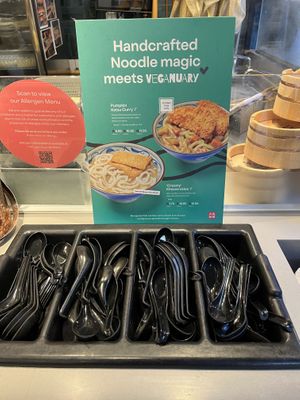 Veganuary signs everywhere even in mid Feb  at Marugame Udon - Kensington Arcade in West London
