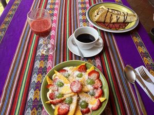 Fruit Bowl and crepes for breakfast   at Otra Cosa in Huanchaco