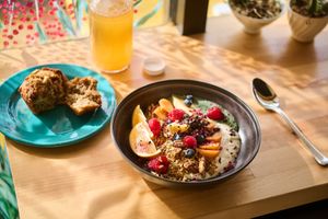 Vegan Probiotic Yogurt Bowl, Vegan Banana Muffin, Local kefir soda at Five Mile Eatery in Lafayette