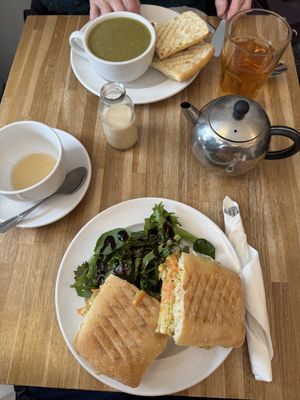 Coronation panini. Brocolli, apple and spinach soup. Soups are always vegan!  at Rendezvous  in Cockermouth