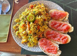 Scrambled tofu with pan con tomate  at Belle's Beach Bar in San Juan